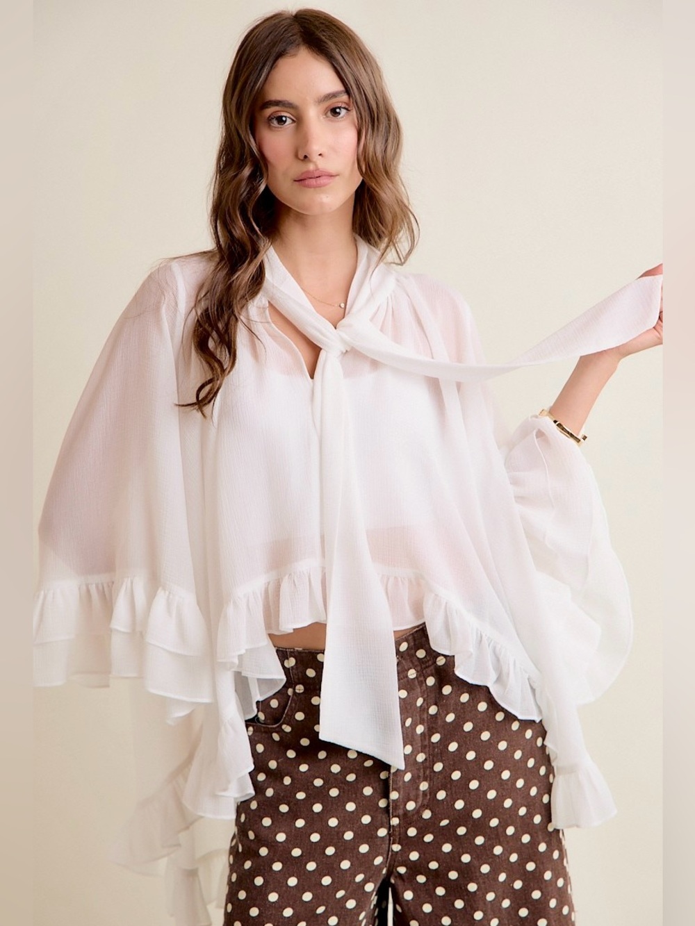 💜 Hello Gorgeous! SO ME Sheer Ruffle Bell Sleeves Bow Tie Flowy Blouse Top